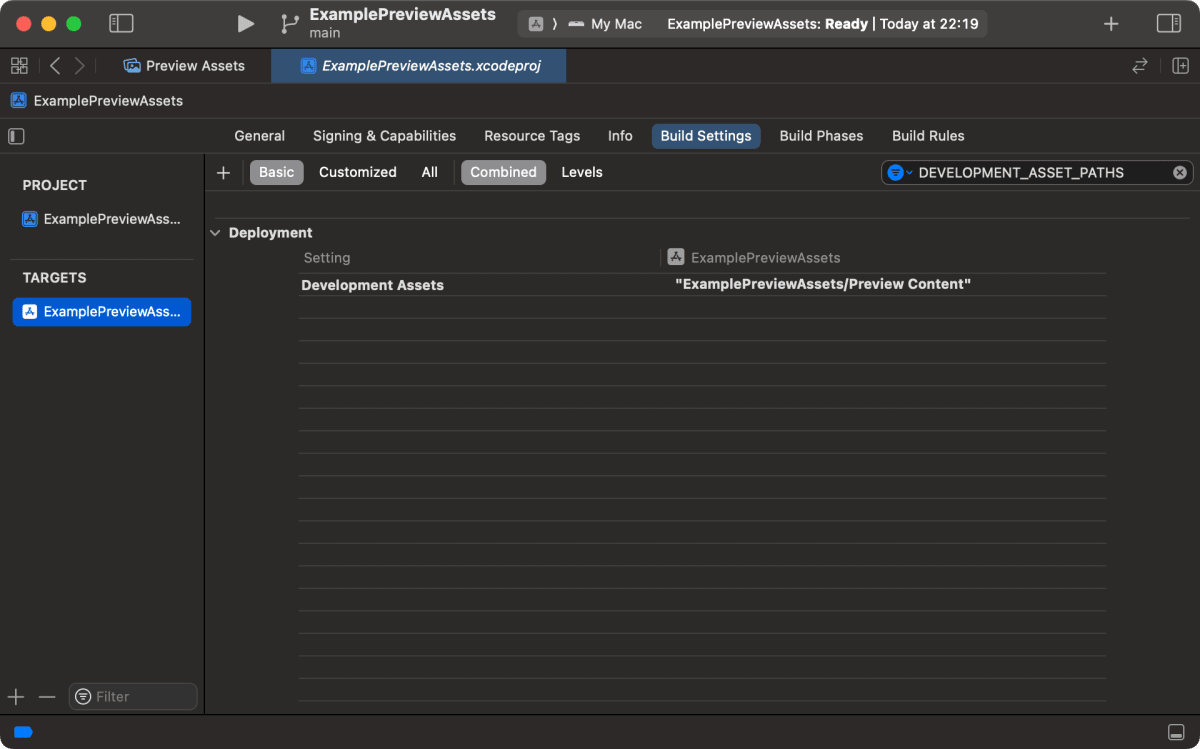 ビルド設定のDEVELOPMENT_ASSET_PATHSにはPreview Contentが設定されている