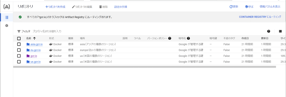 Artifact Registry リポジトリ一覧画面