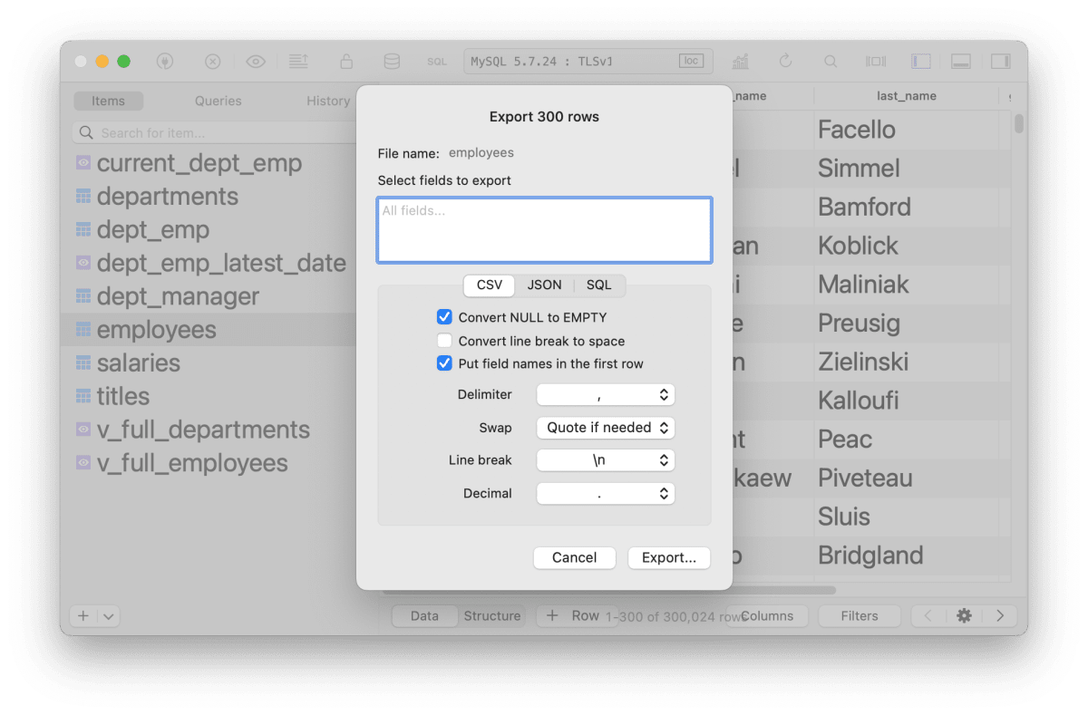 TablePlusのデータのエクスポート画面