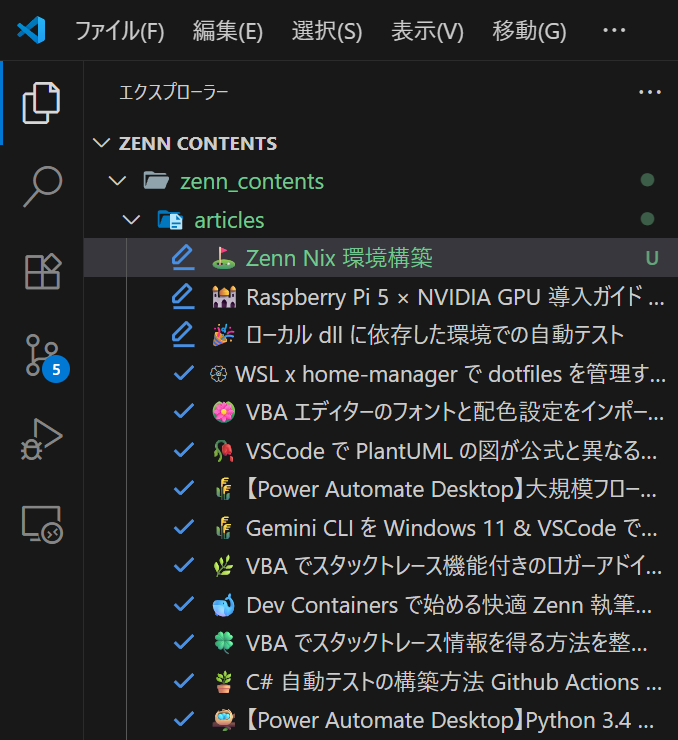 Zenn Editor 導入後のエクスプローラー表示画面