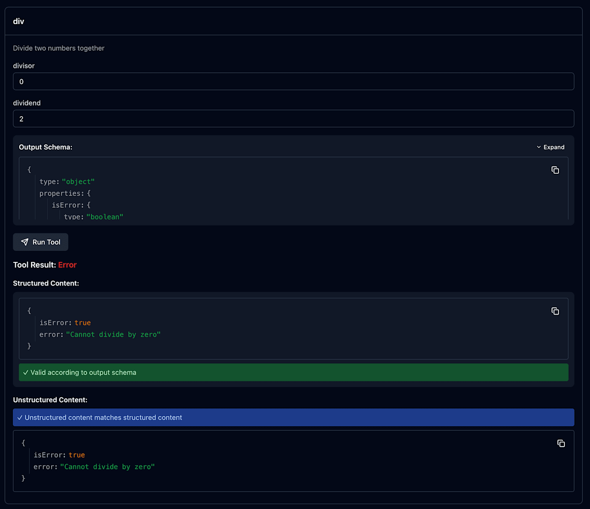 div tool の呼び出しが失敗し、structured content として {isError: true, error: 