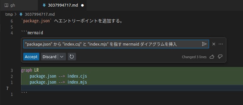 エディターで PR のボディを編集しているときに、インラインチャットで mermaid のダイアログを挿入しているスクリーショット