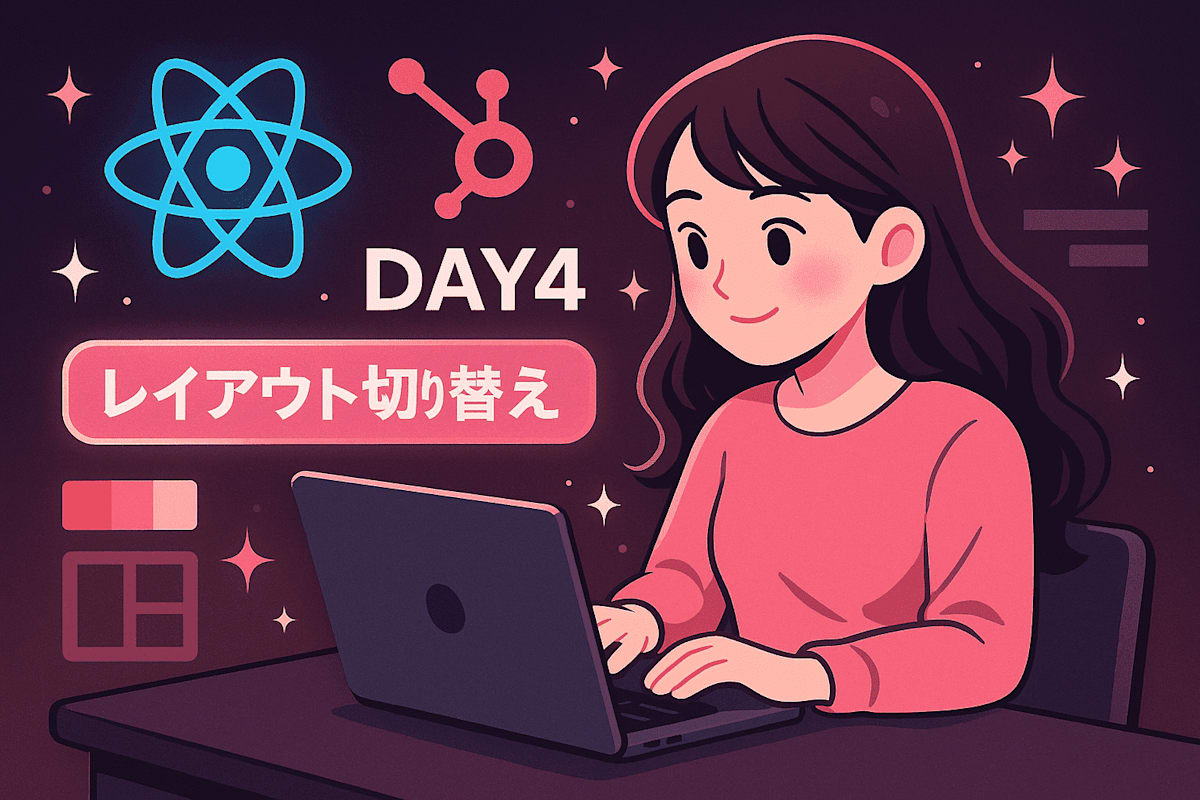ReactとHubSpotの連携を象徴する、レイアウト構成図とコード風背景のあるコラボ風イラスト
