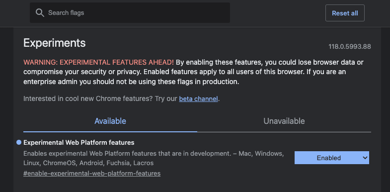 Experimental Web Platform featuresフラグ