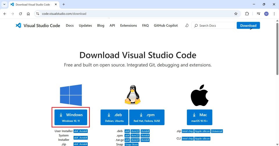 Visual Studio Code ダウンロードページ