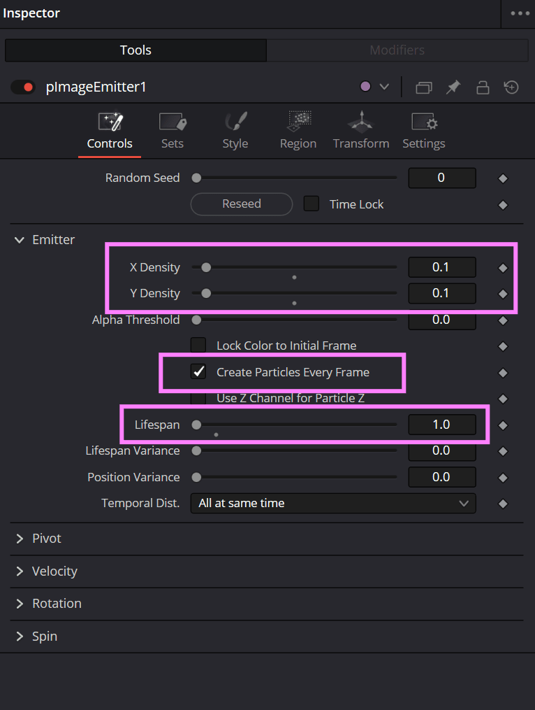 pImageEmitter controls settings