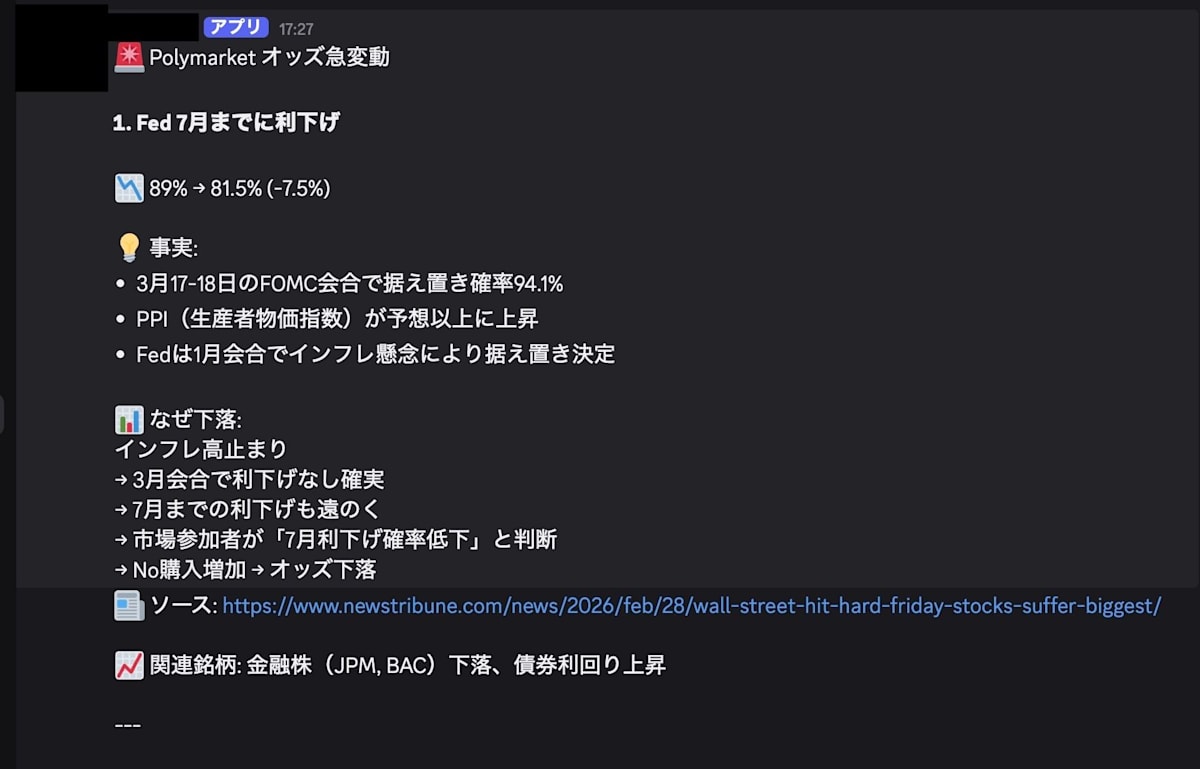 AIエージェントによるオッズ変動アラートの例
