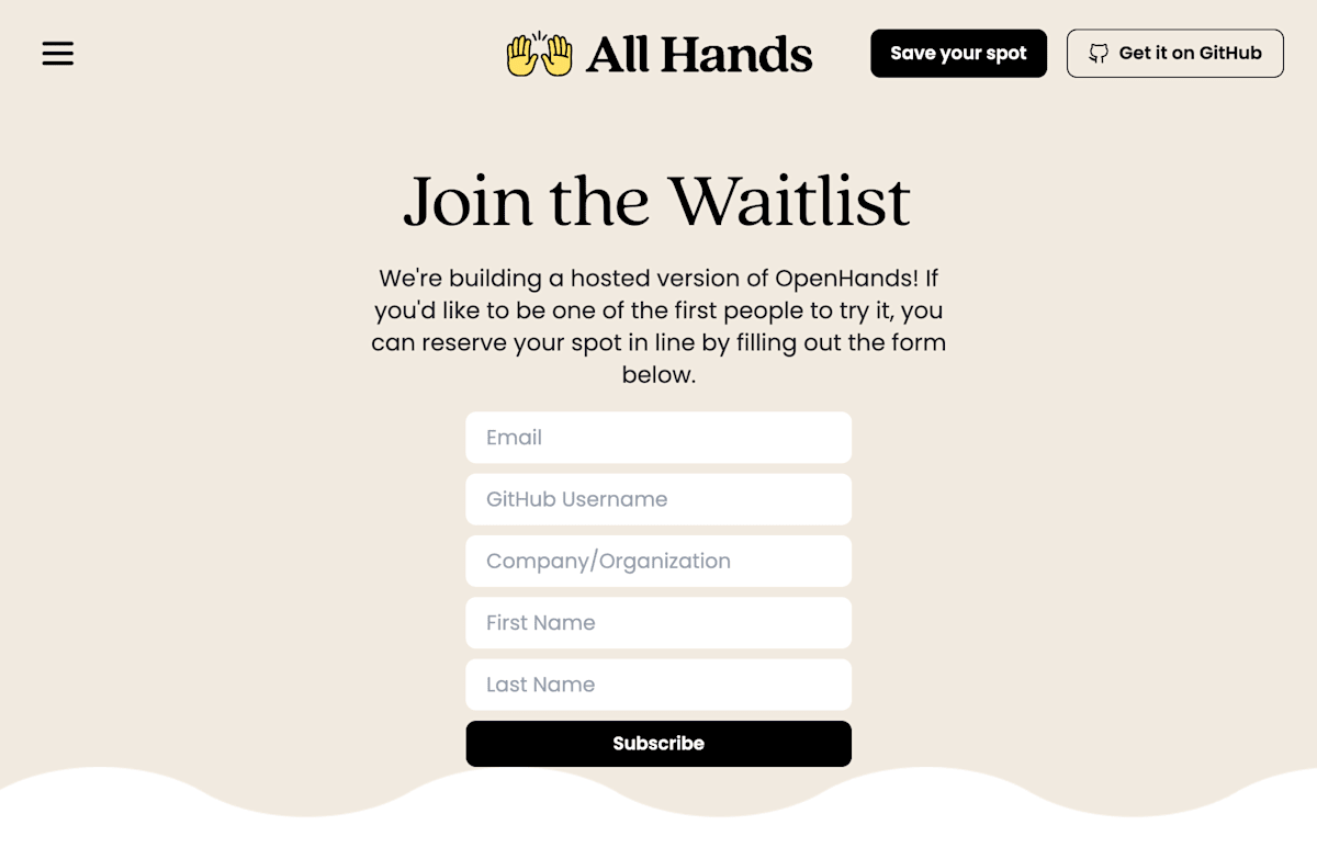 AllHands の Join the Waitlist ページ