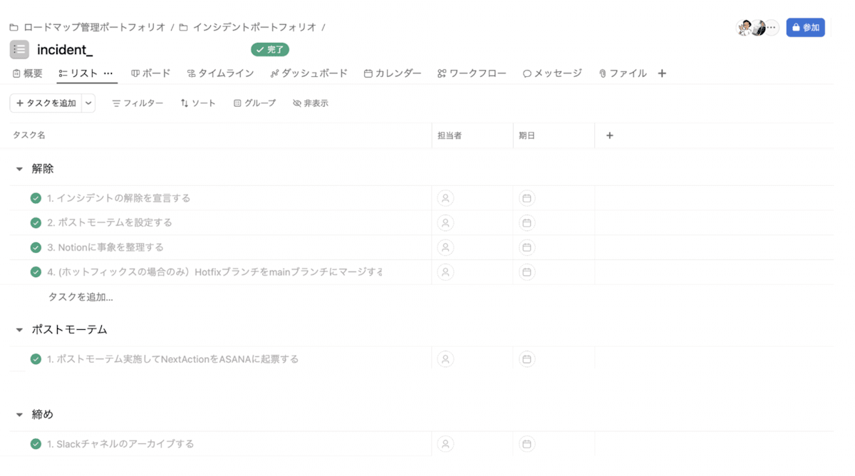 Asanaのスクリーンショット、状況の解除の手順、ポストモーテム、クローズの手順がタスクとして一覧化されている