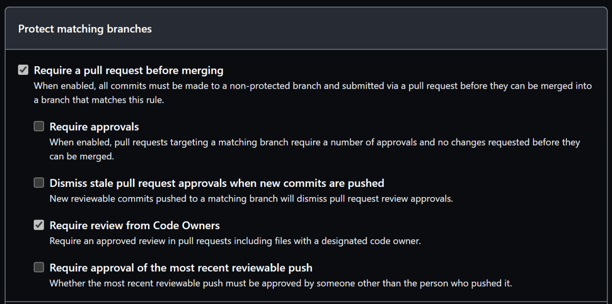Protect matching branches内のRequire review from Code Ownersを有効にすることで設定できます。