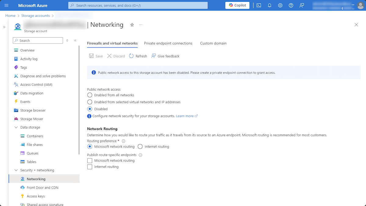 Storage Account - public network access disabled