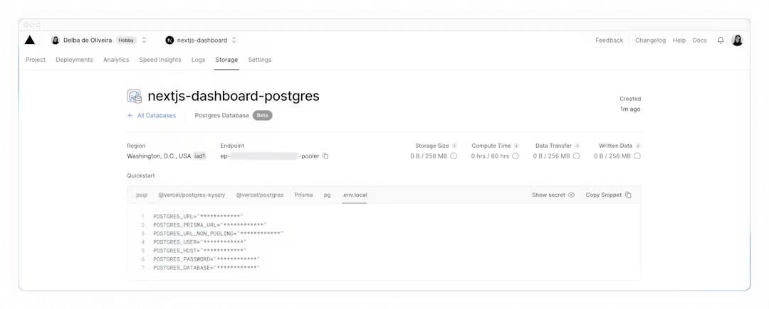 非表示のデータベースシークレットを示す.env.localタブ