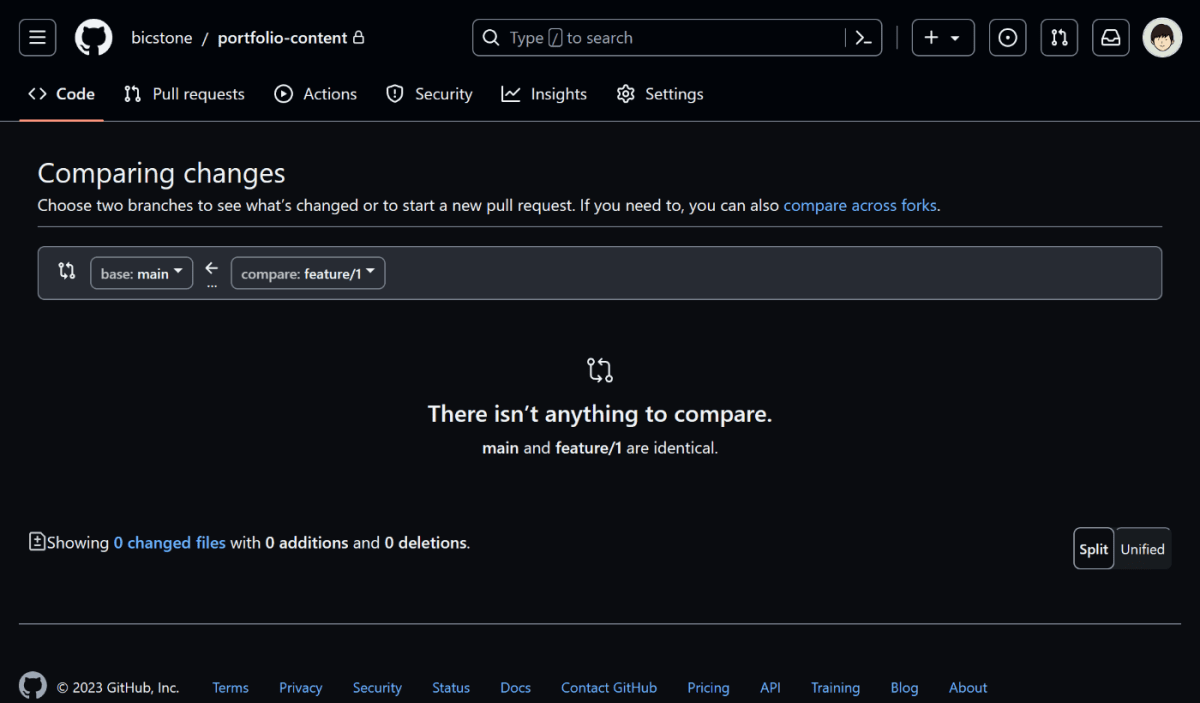 GitHub において差分がない状態でプルリクエストを作成しようとすると、 "There isn’t anything to compare." と表示される