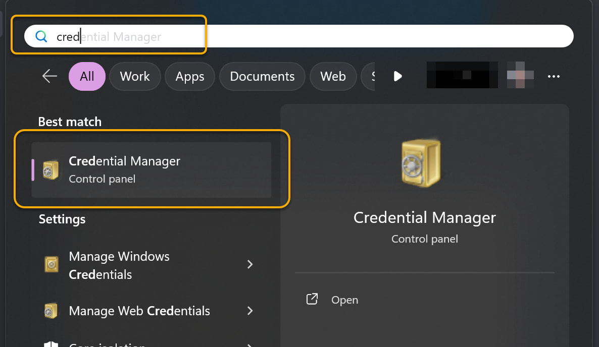 Windowsの検索バーからWindows Credential Managerを検索する