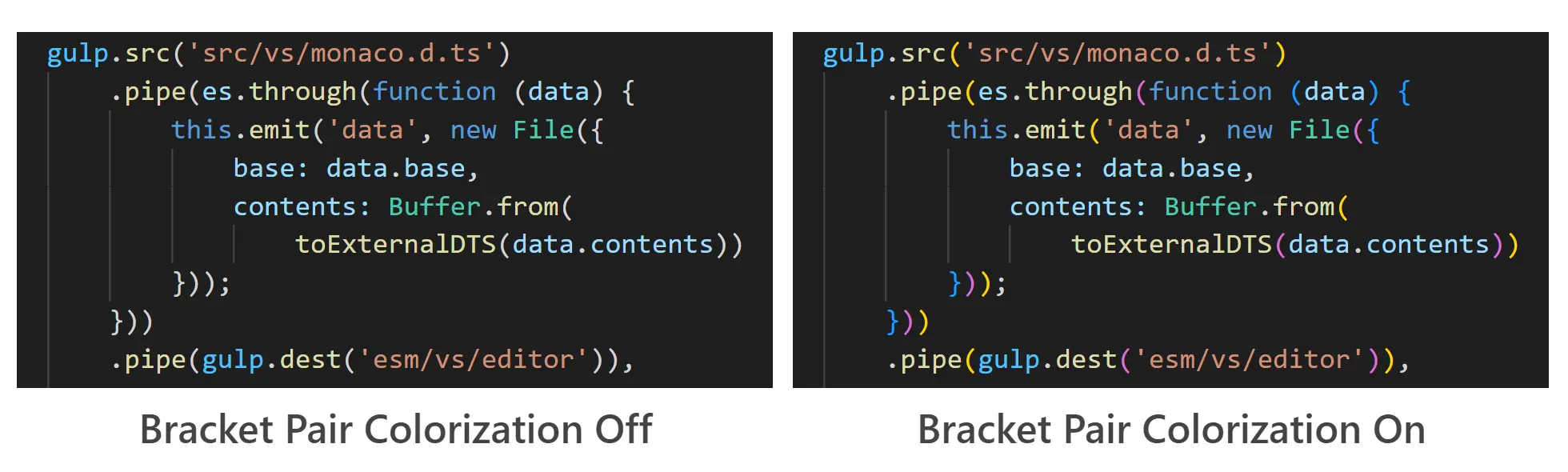 Bracket pair colorizationのON/OFFの比較画像