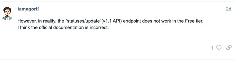 “statuses/update”(v1.1 API) endpoint does not work in the Free tier.