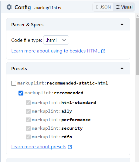 設定フォームのスクリーンショット。2 つのアコーディオンが縦に並んでおり、「Parser & Specs」のアコーディオンの中には「.html」が選択されたセレクトボックスがある。「Presets」のアコーディオンの中には「markuplint:recommended」など 7 つのチェックボックスが並んでいる。