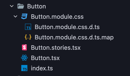 スクリーンショット：Explorer file nesting により Button.module.css.d.ts と Button.module.css.d.ts.map が Button.module.css の下にネストされている