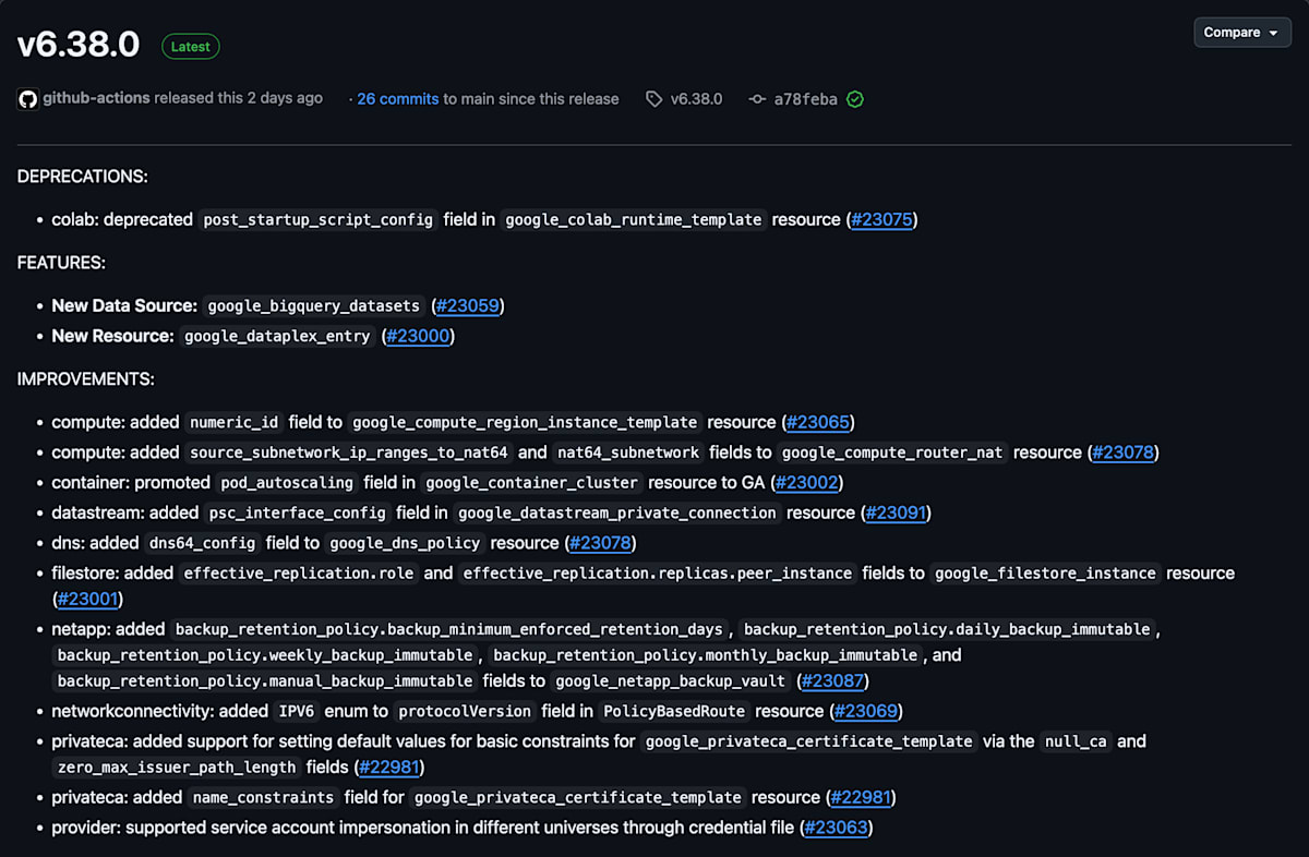 GCP Provider v6.38.0 release note
