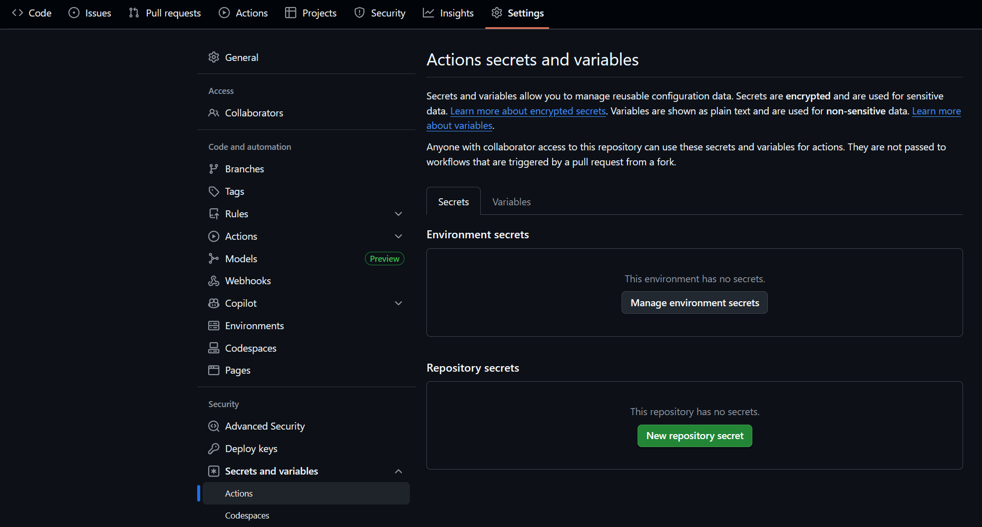 secrets 設定画面