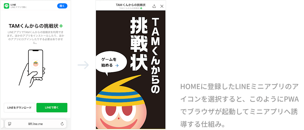 HOMEに登録したLINEミニアプリのアイコンを選択すると、このようにPWAでブラウザが起動してミニアプリへ誘導する仕組み。