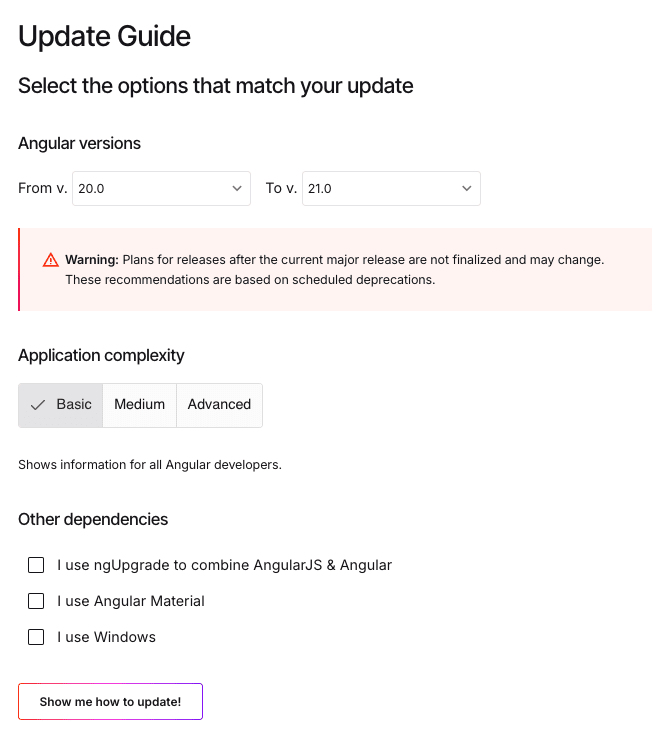 ex. Angular v20.x => Angular v21.x