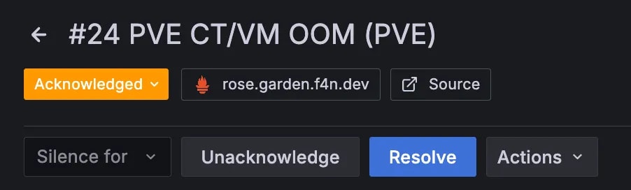 先と同じ Alert group の詳細画面。ステータスが "Acknowledged" に代わって、"Acknowledge" ボタンが "Unacknowledge" になっている
