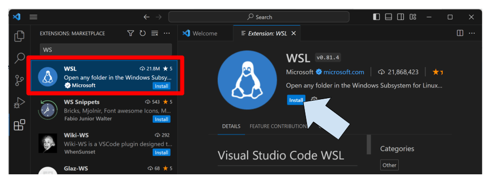 VSCodeでWSL拡張機能＆インストールを検索