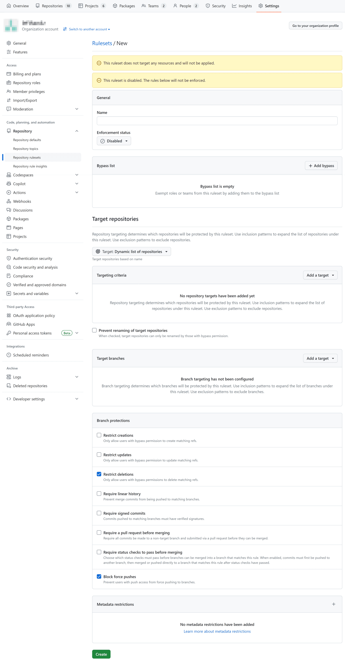 OrganizationレベルにおけるRulesetsの新規作成画面