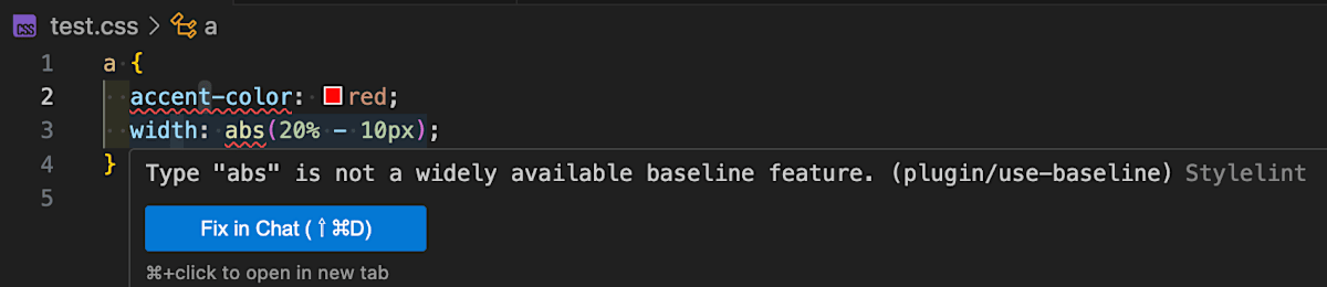 VS Code 上でBaseline警告が表示されている様子