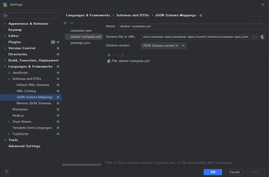 WebStormのJSON Schema設定画面