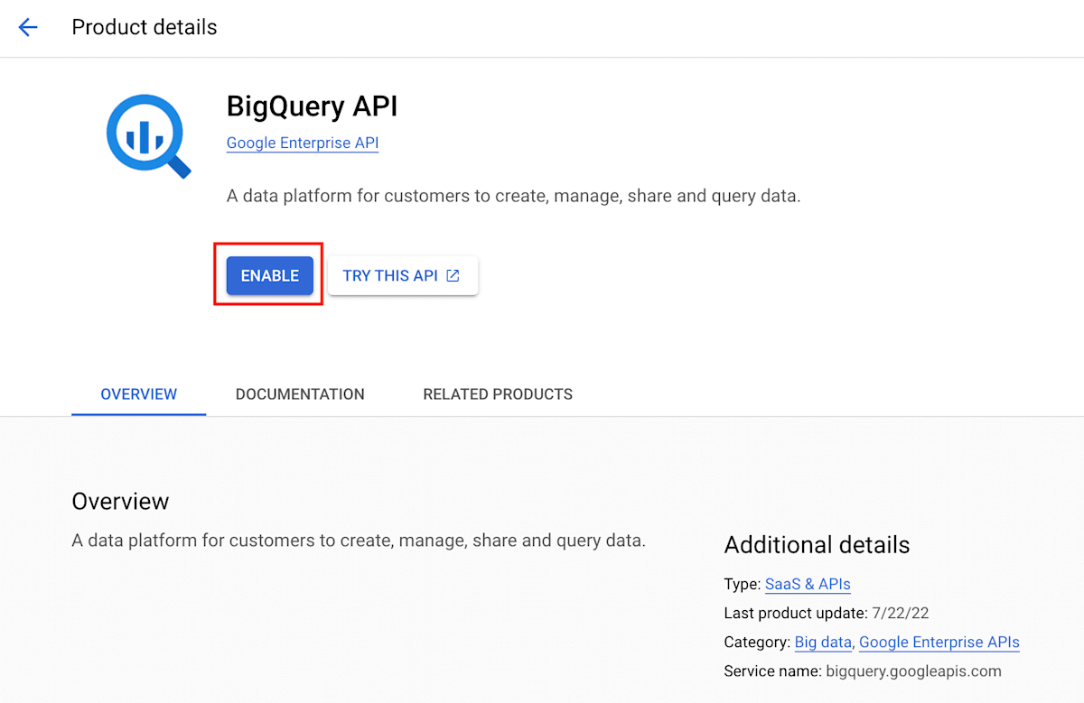 BigQuery API の有効化画面