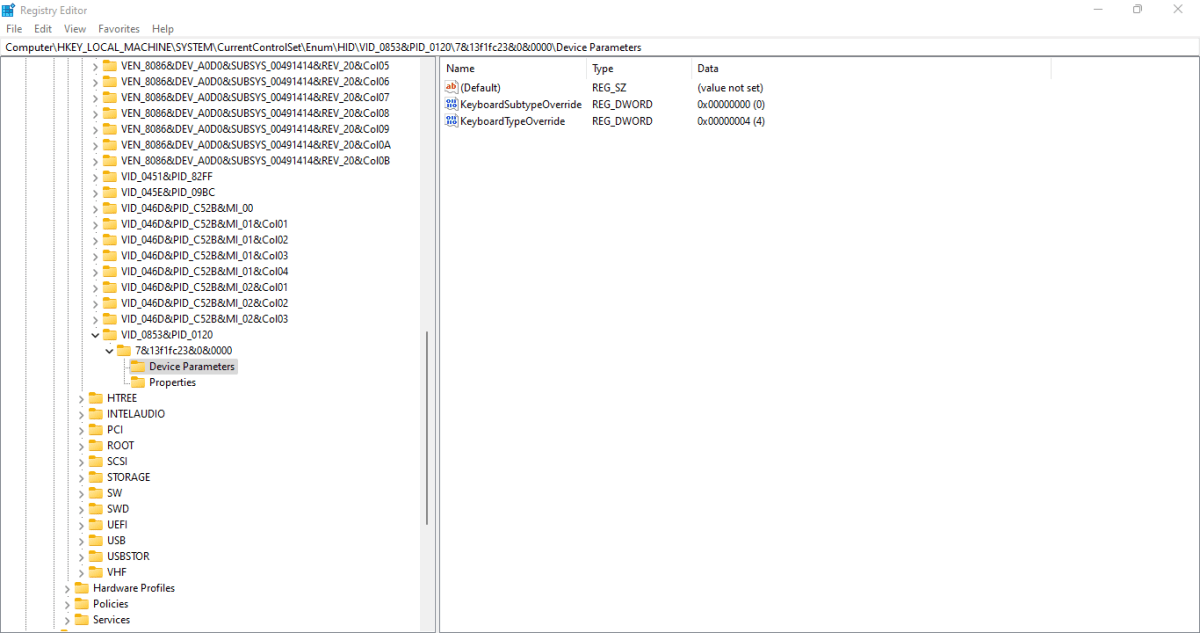 Computer\HKEY_LOCAL_MACHINE\SYSTEM\CurrentControlSet\Enum\HID\VID_0853&PID_0120\7&13f1fc23&0&0000\Device Parameters