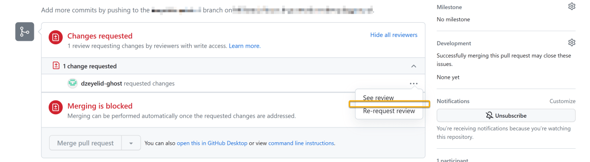 プルリクエストの「change requested」のdismissができない場合のUI