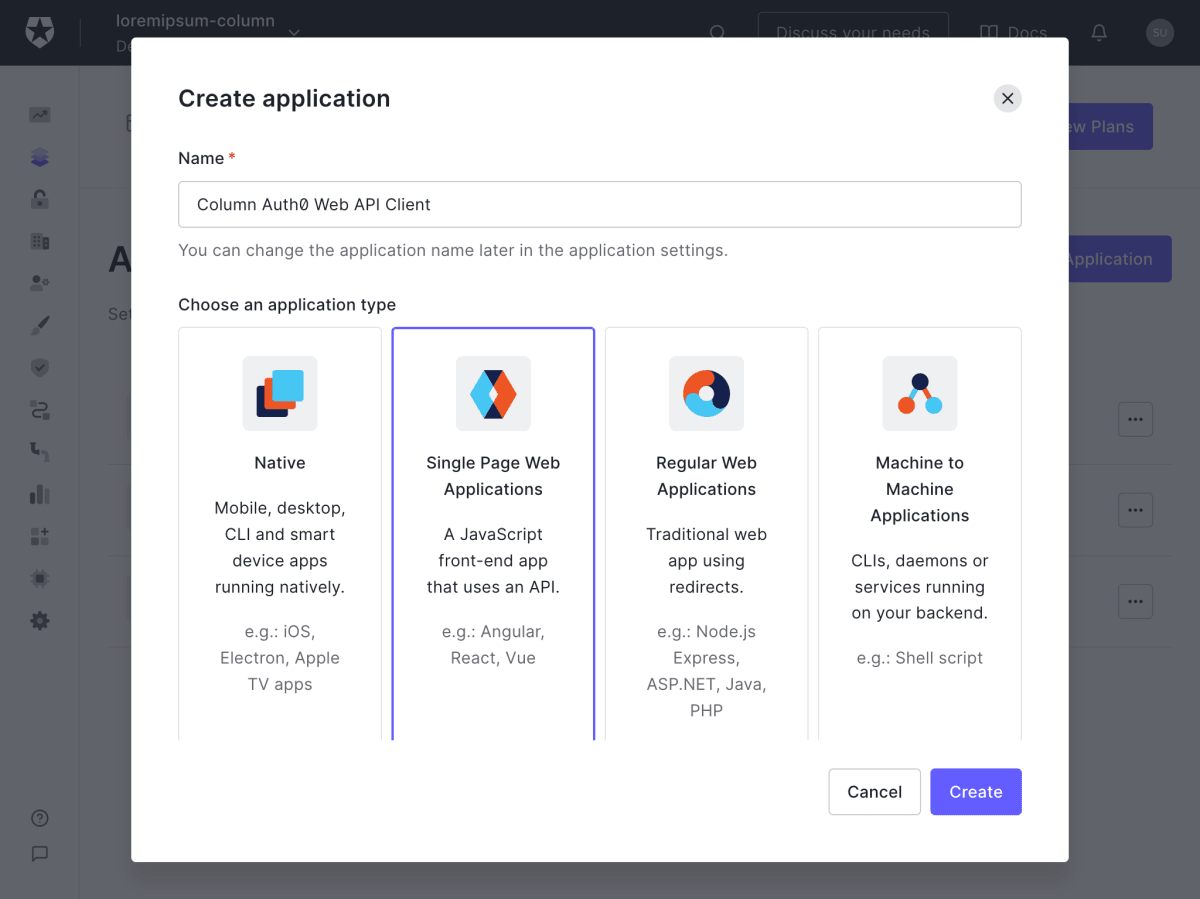 Auth0のApplicationsページのCreate applicationモーダルです。Nameの入力部やapplication typeの選択部を備えています。