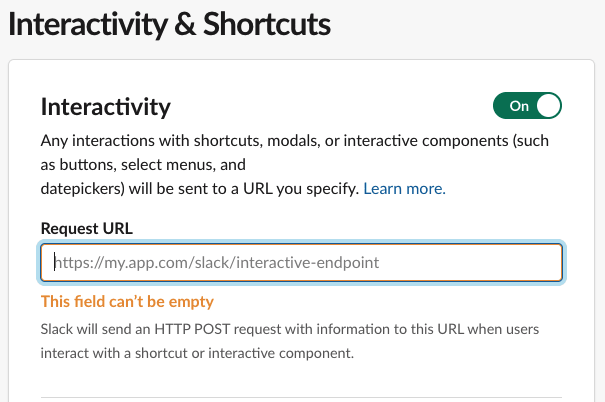 SlackアプリのInteractivity設定画面の画像