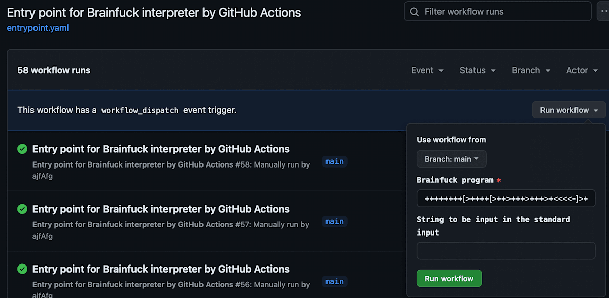 GitHub の Webページ上で entrypoint.yaml ワークフローを実行する様子。入力するプログラムは先述した Hello World プログラム。