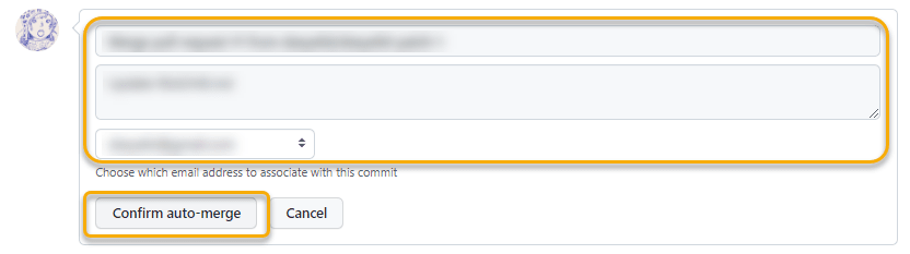 コミットメッセージを確認し、Confirm auto-merge ボタンを選択して実行する