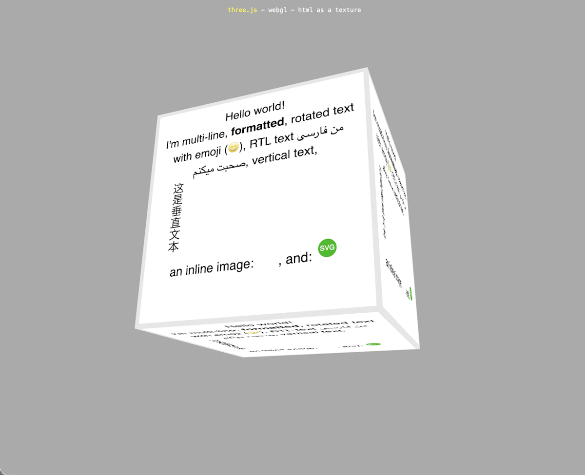 Canvas 要素と WebGL を用いて作られた立方体に、HTML でテキストが描画されている