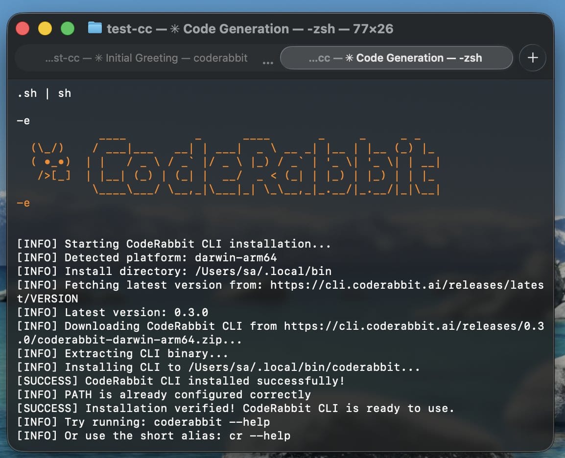 Terminal screen showing CodeRabbit CLI installation process