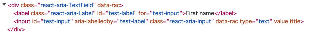 TextFieldのHTML。id と for 属性が定義通りに反映されている。