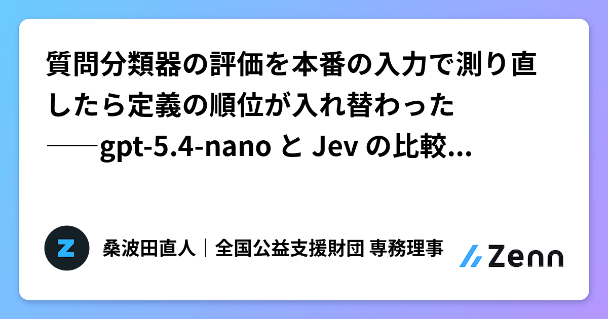 質問分類器の評価を本番の入力で測り直したら定義の順位が入れ替わった――gpt-5.4-nano と Jev の比較で見つけた評価の穴