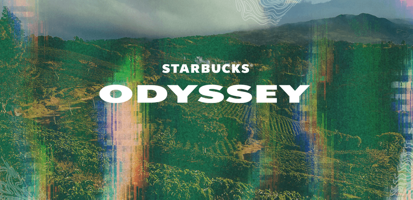 "Starbucks Odyssey" in white and center with mostly green background.