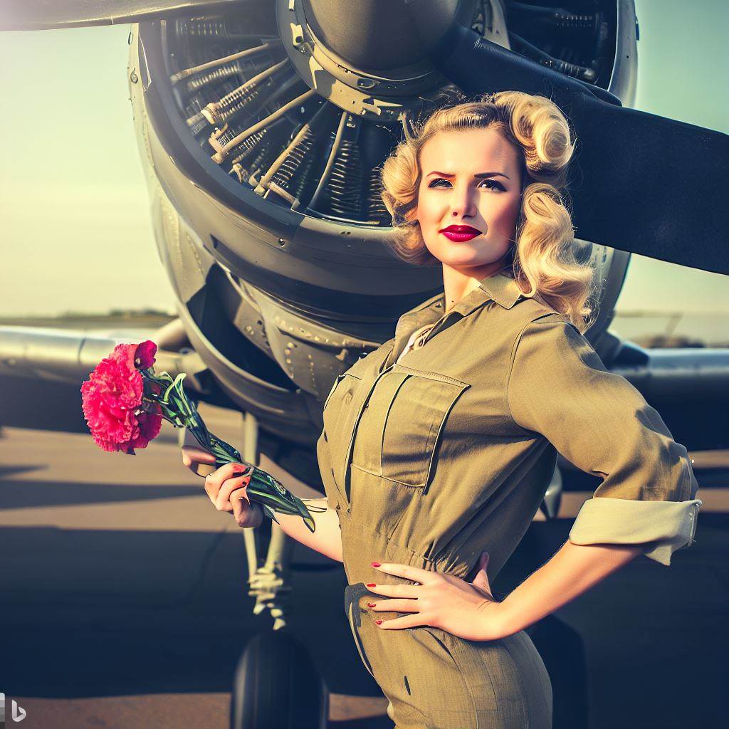 The drawing shows a woman standing next to a fighter plane in a WW2 vintage style. She is wearing a service suit with a cap and a badge. She has blond hair and blue eyes. She is holding a flower in her hand, which represents power and appreciation. She is smiling and looking at the viewer with confidence and pride. The plane is green and has a star on the wing. The background is blue with some clouds.