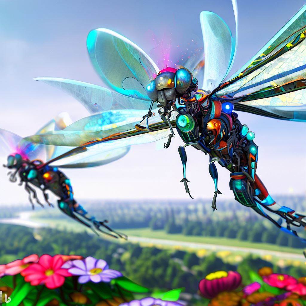 This is a drawing of two futuristic, scifi, cyborg dragonflies with colorful flower gardens growing on their backs flying over a park. They are FloraFly and her new friend, who escaped from a metal bird that dropped them in metal boxes. They are happy and free, and they share a bond of friendship and love for nature.