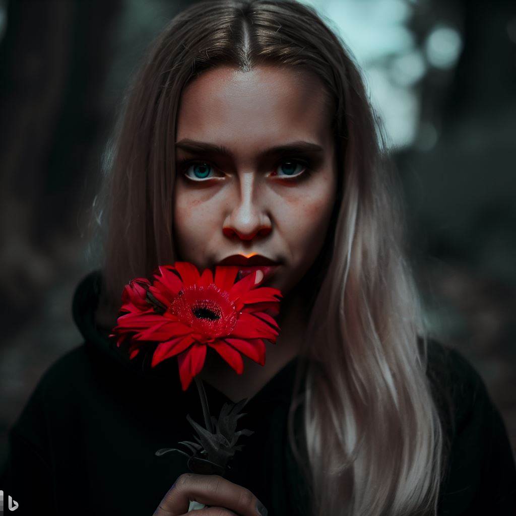 A young adventurous woman holding a red flower on a quest to find the most rare flower.