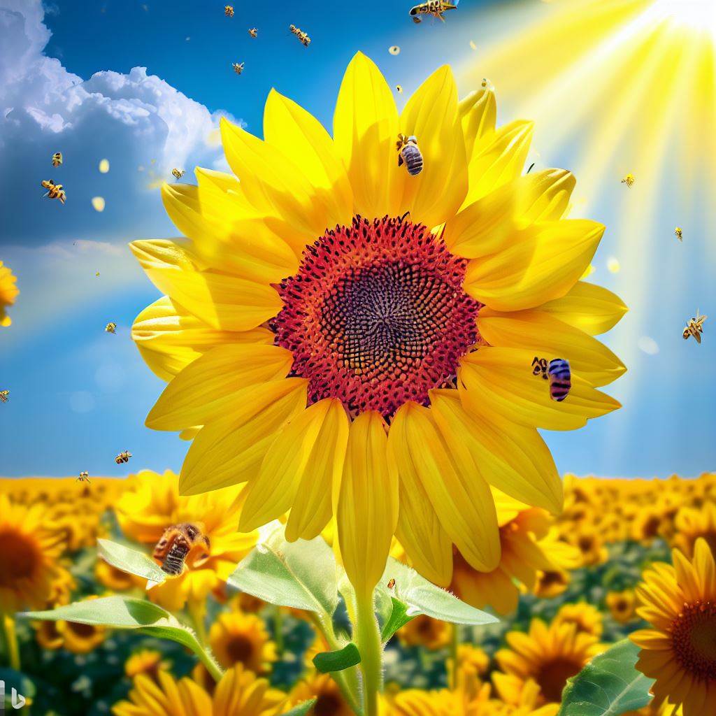 The drawing shows a field of yellow sunflowers with raspberry petals and some busy bees. The sunflowers have big smiling faces and look happy. The bees are flying around and collecting nectar from the flowers. They also have friendly expressions and look curious. The background is a bright sun and a blue sky. The sun has rays that shine over the field. The sky has some white clouds that add contrast to the color. The drawing is colorful and cheerful. It creates a sense of joy and harmony.