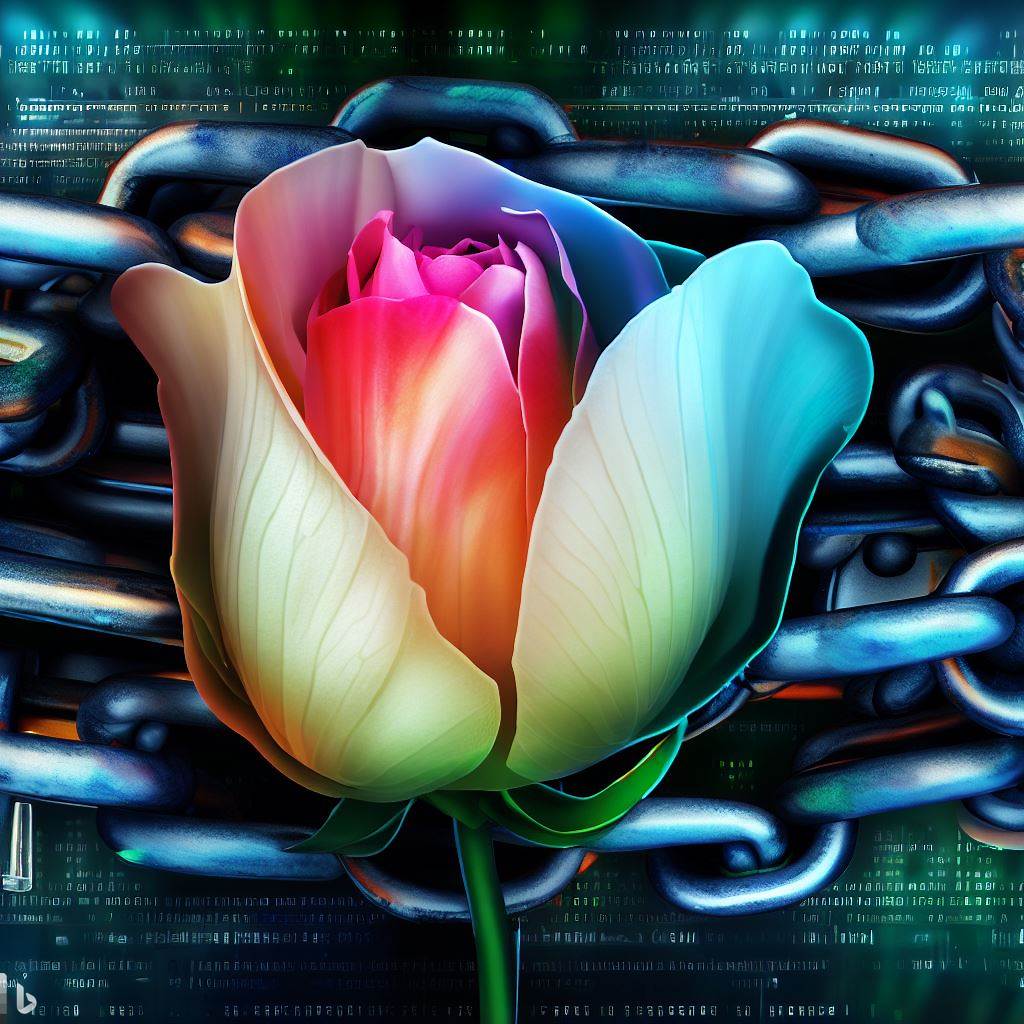 The flower was a vibrant fuchsia color, with delicate petals and a long, slender stem. The background was a mesh of chains and locks, with a digital overlay that gave it a distinctly cyber feel. It was both beautiful and ominous, a reminder of the dangers of the online world.