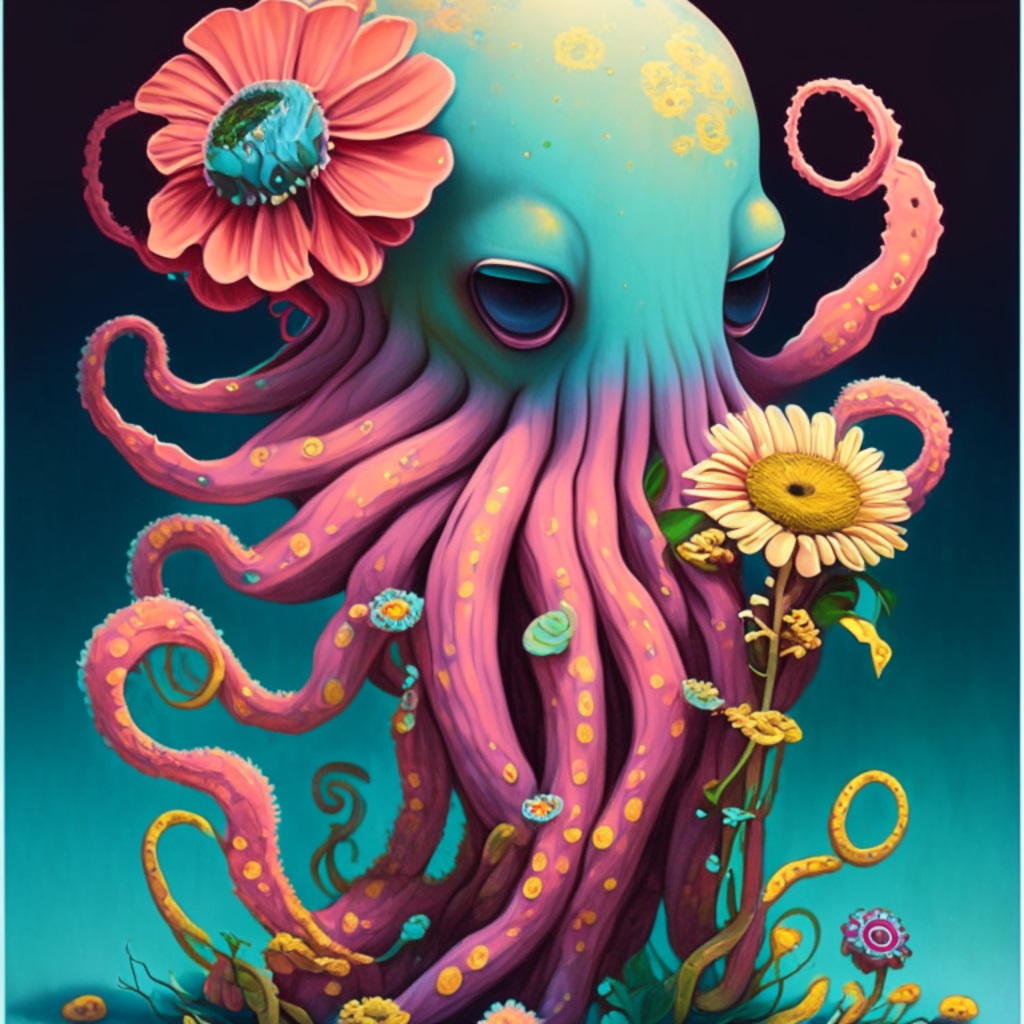 A tired octopus thinking and reflecting on all the things going on holding some flowers.