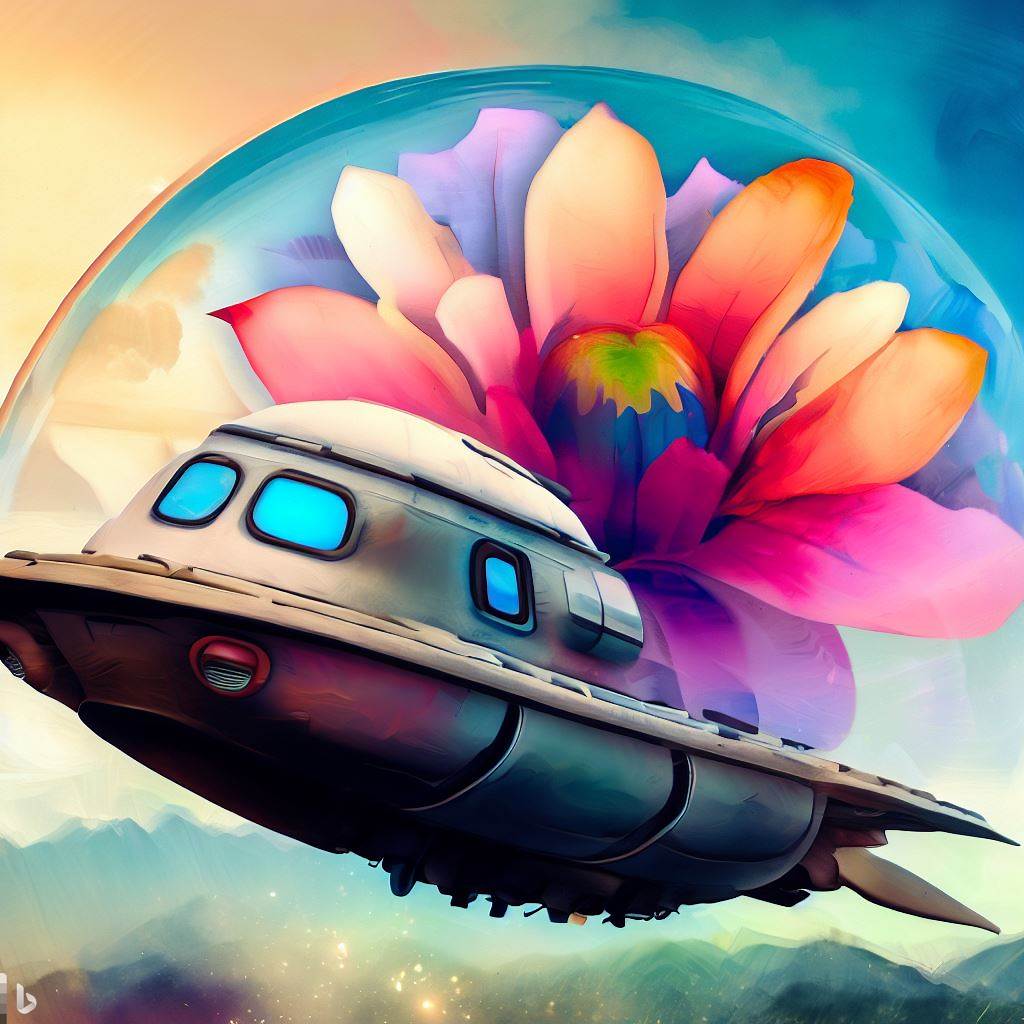 A flower toting sci-fi spaceship with a bubble dome.